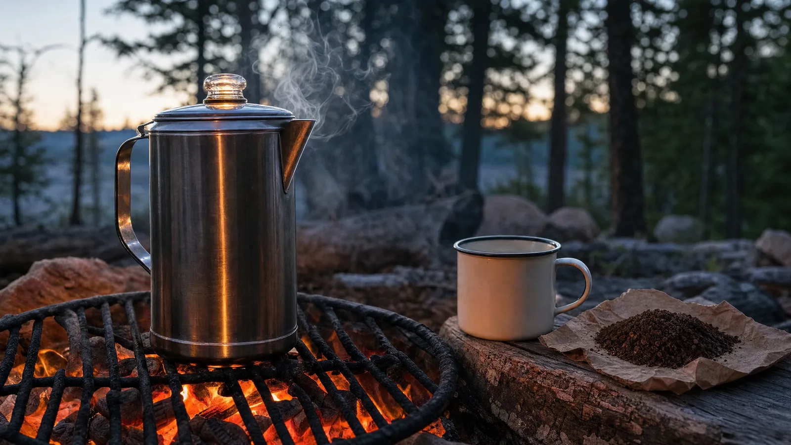 Stainless steel camping percolator steaming on a grate over campfire coals at dawn, enamel mug alongside