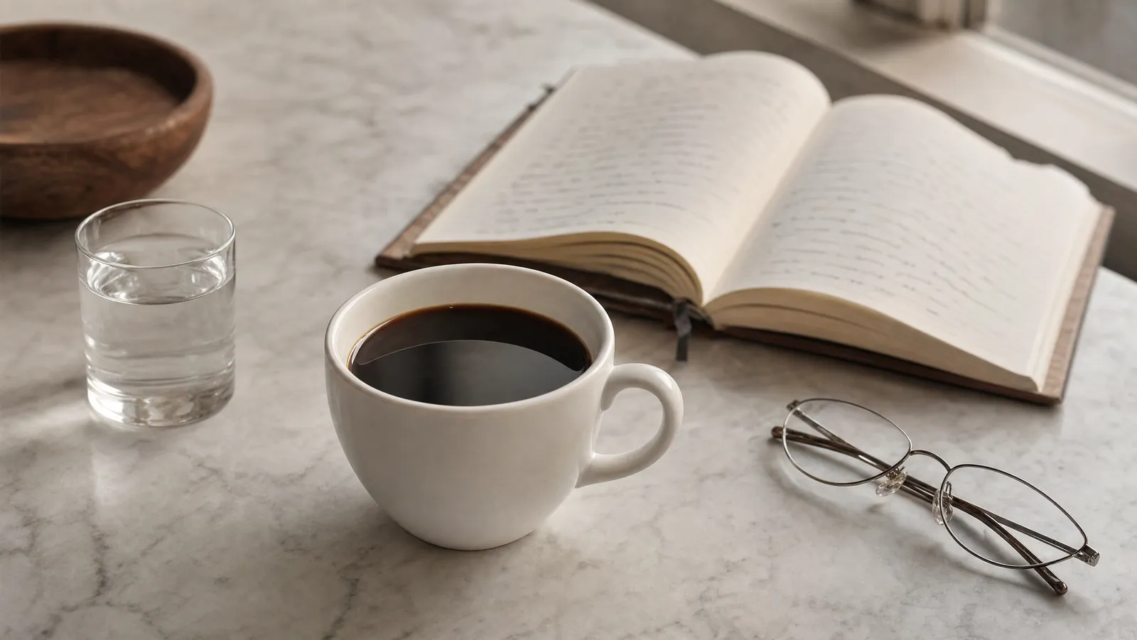 A white ceramic cup of black coffee on a marble countertop beside an open notebook, reading glasses and a glass of water
