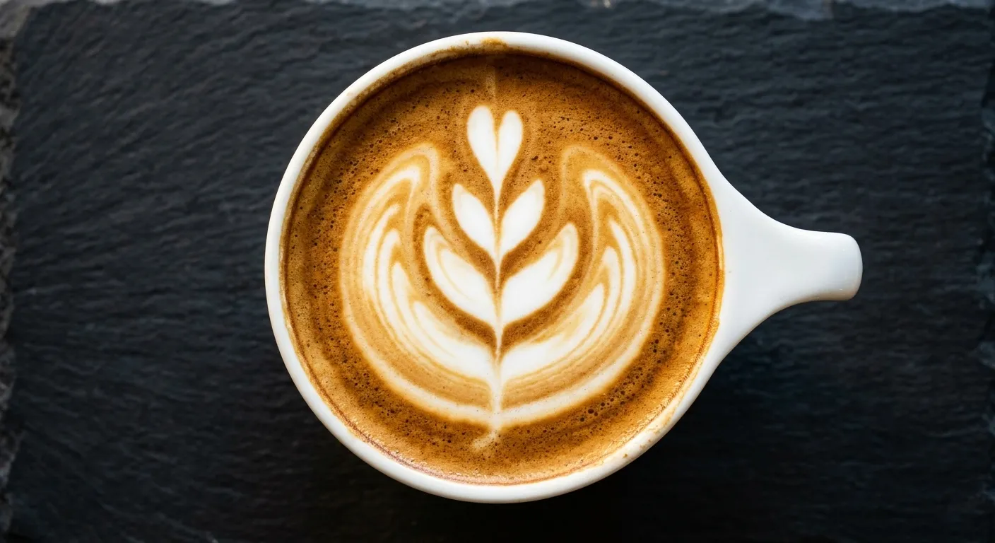 A rosetta latte art pattern poured onto a flat white in a ceramic cup