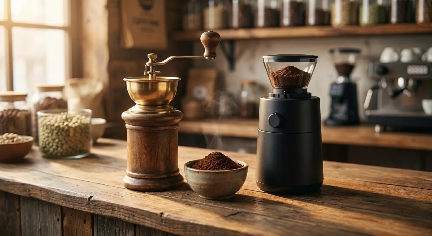 A manual hand grinder next to a countertop electric burr grinder with coffee beans scattered nearby