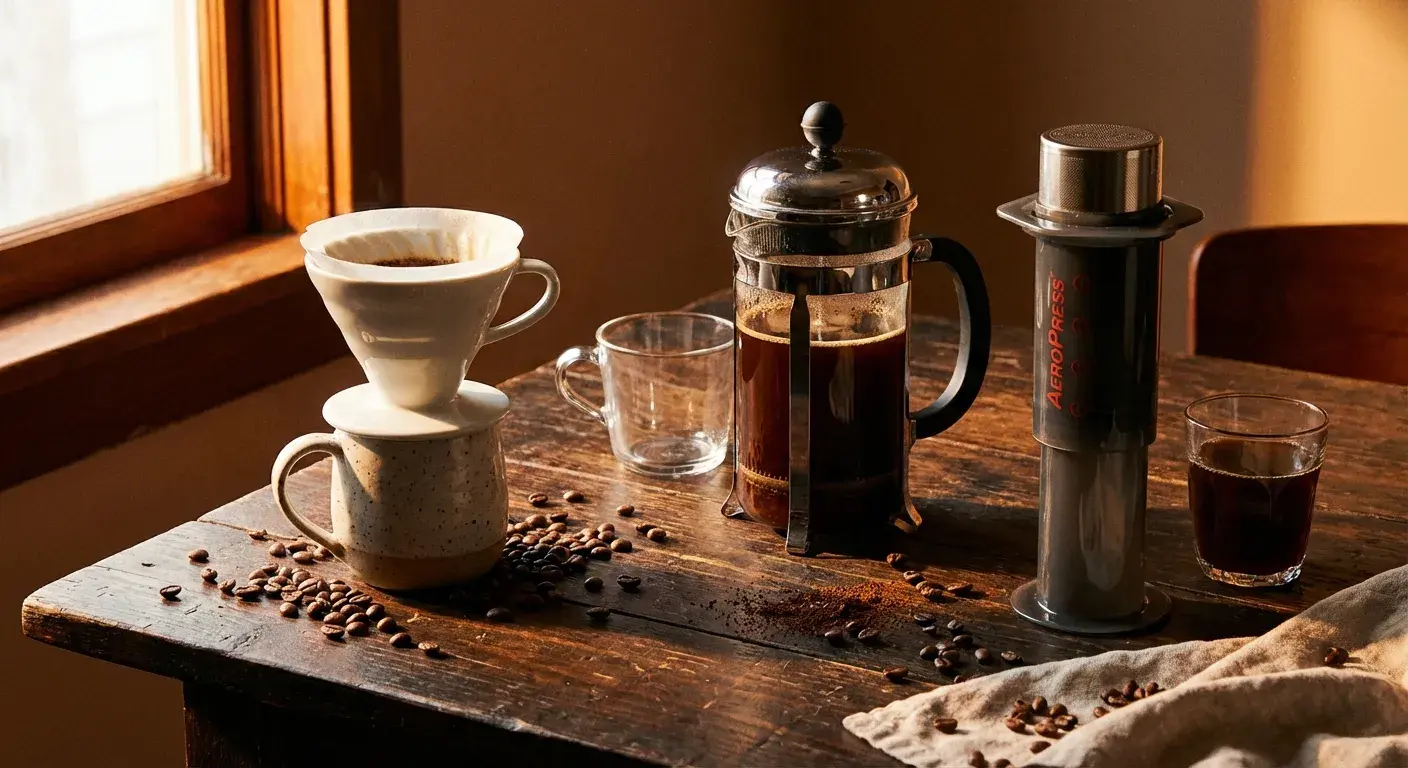 Pour over, French press, and AeroPress coffee makers side by side