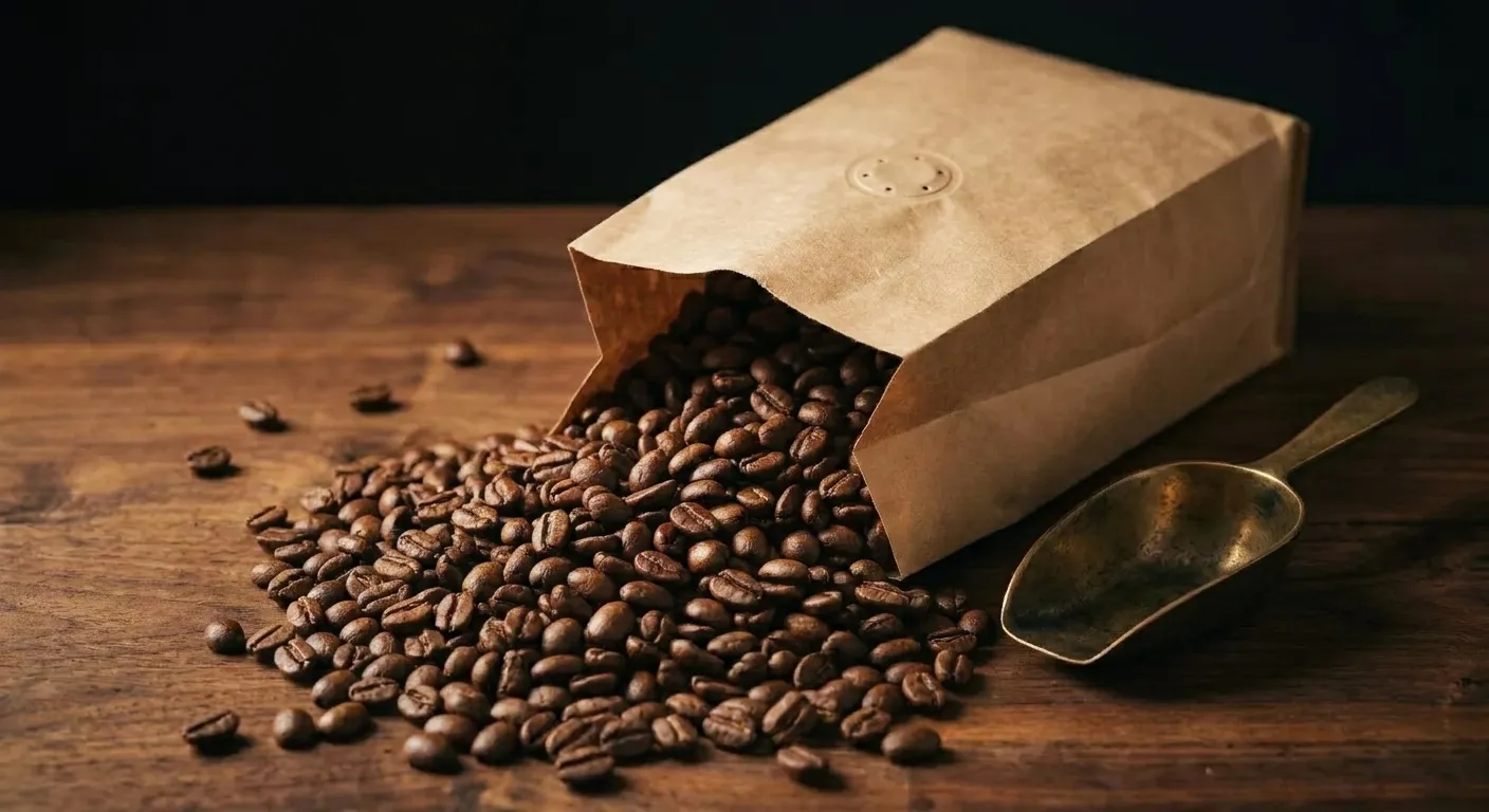 Freshly roasted coffee beans in a one-way valve bag next to an airtight storage canister