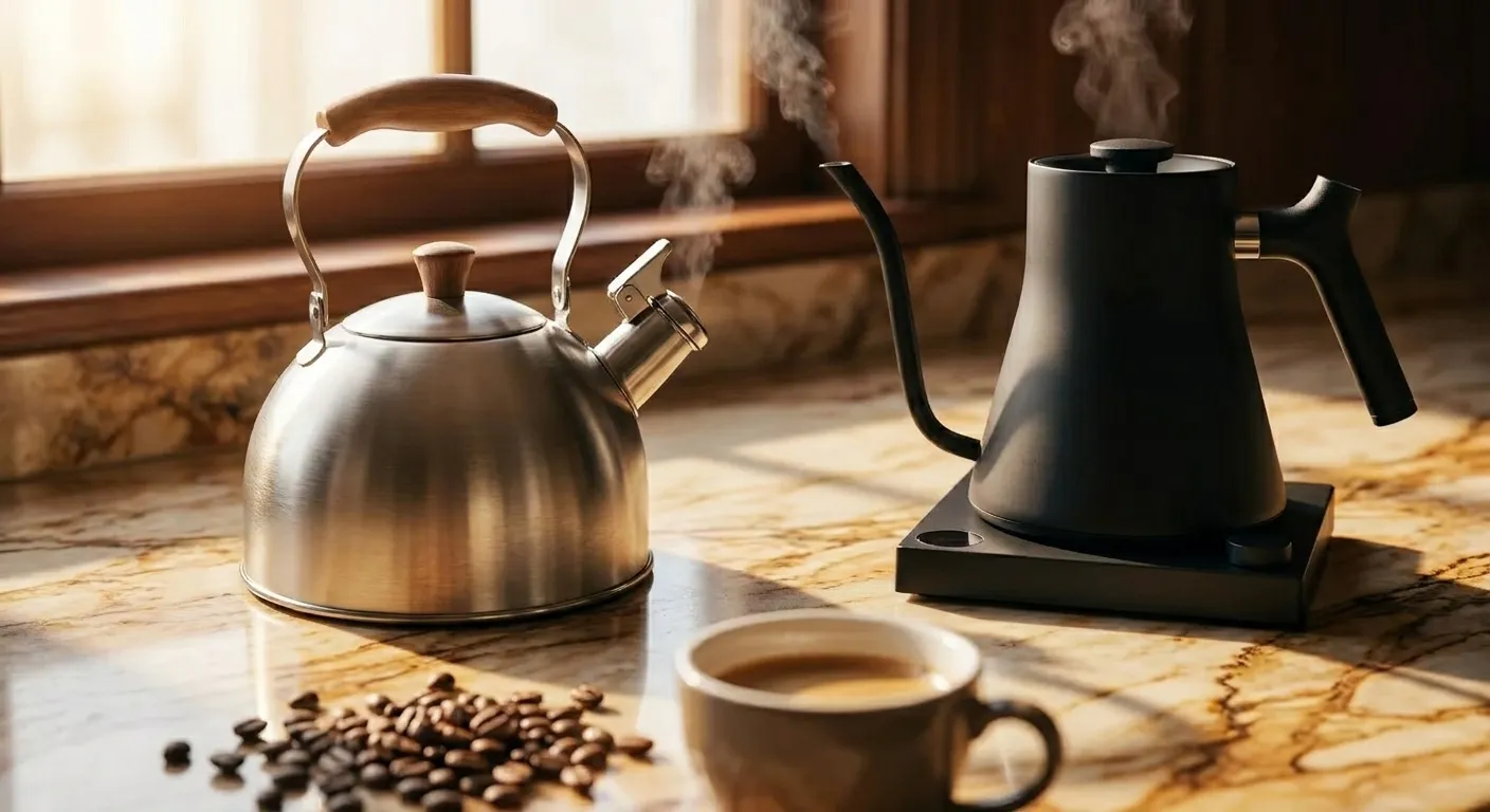 A stainless steel stovetop kettle on a gas burner next to a modern electric temperature-controlled kettle