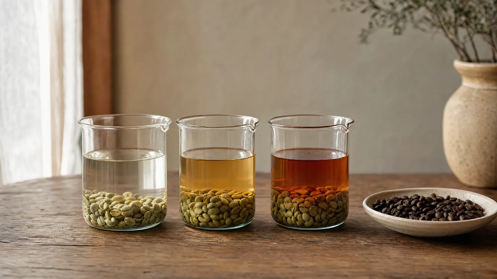 Three glass beakers of green coffee beans soaking in progressively darker water on a walnut table beside a dish of roasted beans