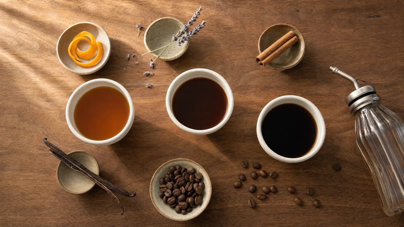Overhead view of three cups of coffee at different roast depths on a walnut counter, surrounded by small dishes of orange peel, dried lavender, a cinnamon stick, vanilla pods and whole coffee beans