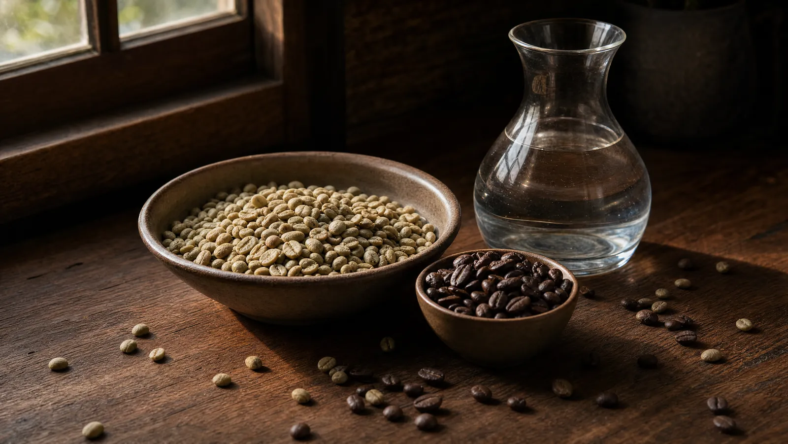 Bowls of green unroasted and dark roasted coffee beans beside a glass carafe of water on a walnut table