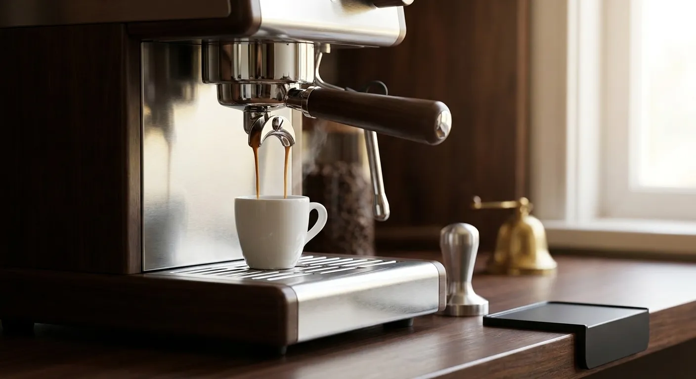 Home espresso setup with portafilter, tamper, scale, and freshly pulled double shot