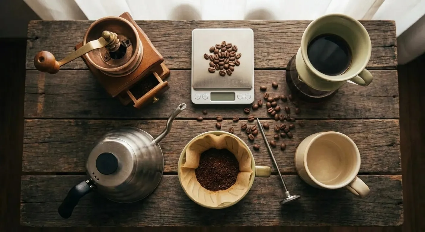 A home coffee setup with burr grinder, gooseneck kettle, scale, and pour over dripper on a wooden counter