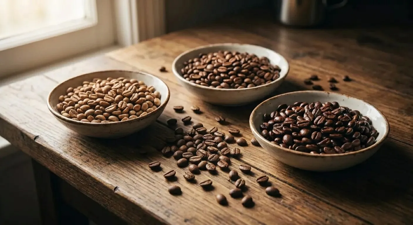 Green coffee beans next to roasted beans at three roast levels — light, medium, and dark