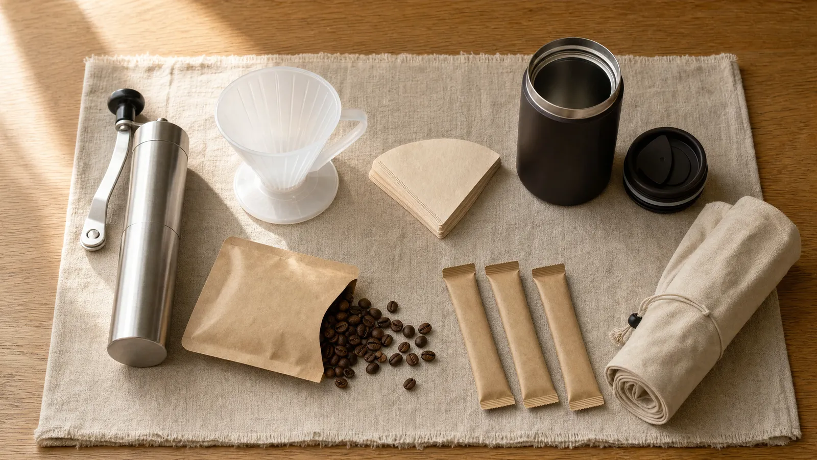 Overhead flat-lay of a compact travel coffee kit on linen: hand grinder, cone dripper, insulated mug, beans and coffee sticks