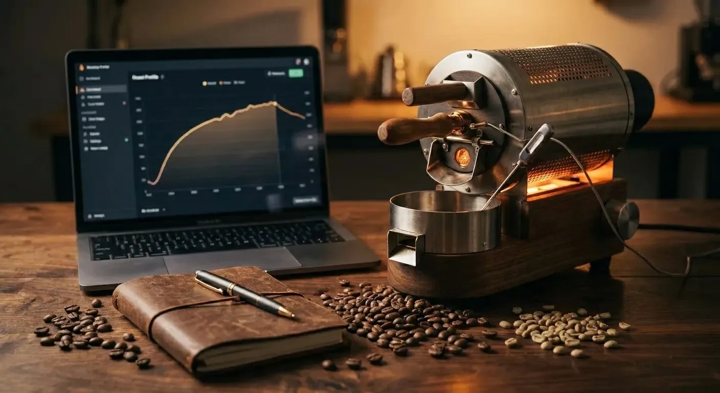 Coffee roast curve graphed on a laptop next to a home roaster