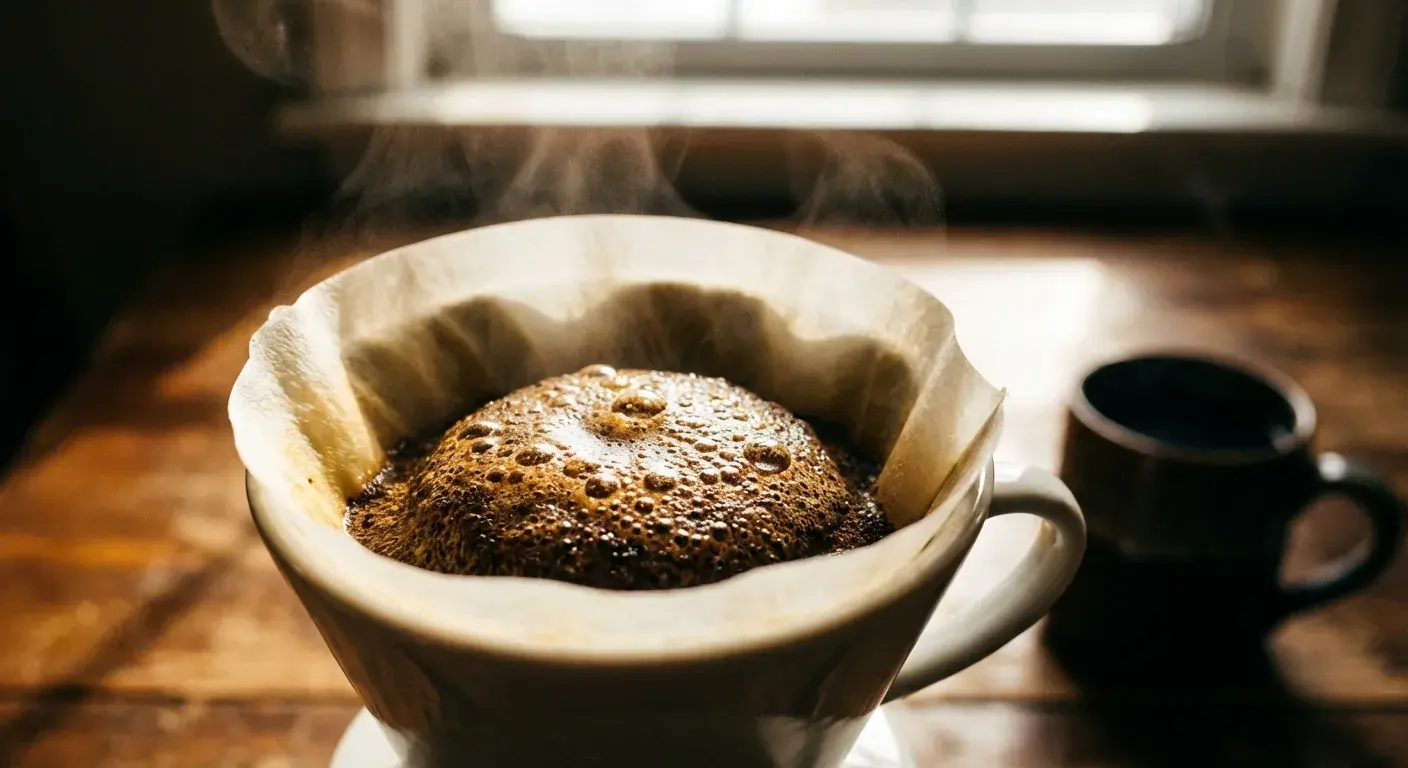 Coffee grounds blooming with bubbles during a pour over as hot water is added