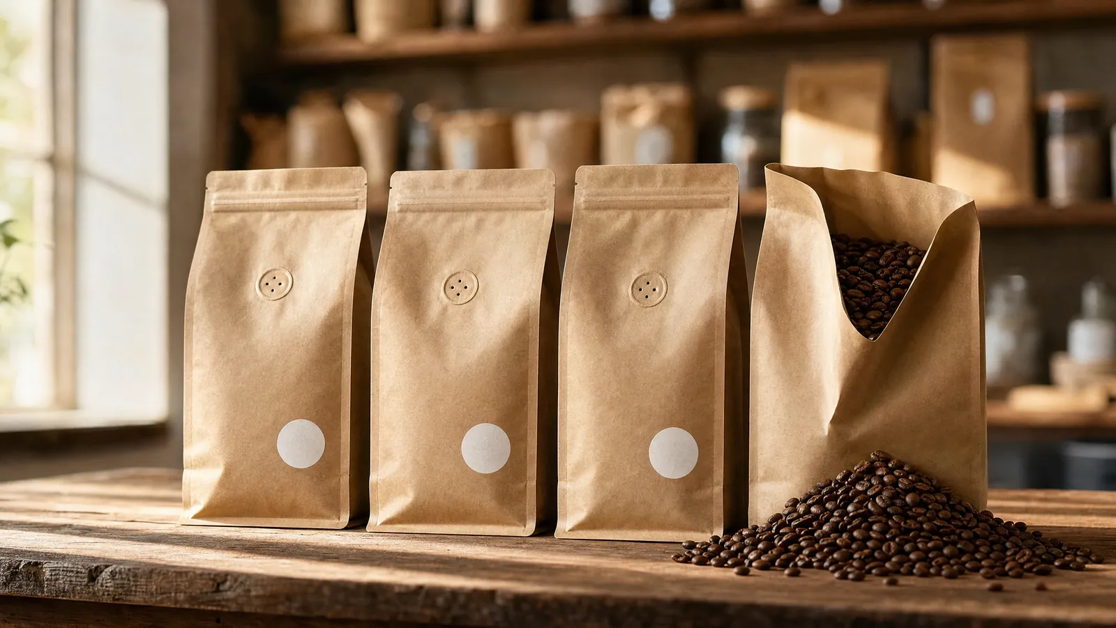 Four kraft coffee bags with one-way degassing valves and blank roast-date stickers standing on a wooden counter with beans spilling from one