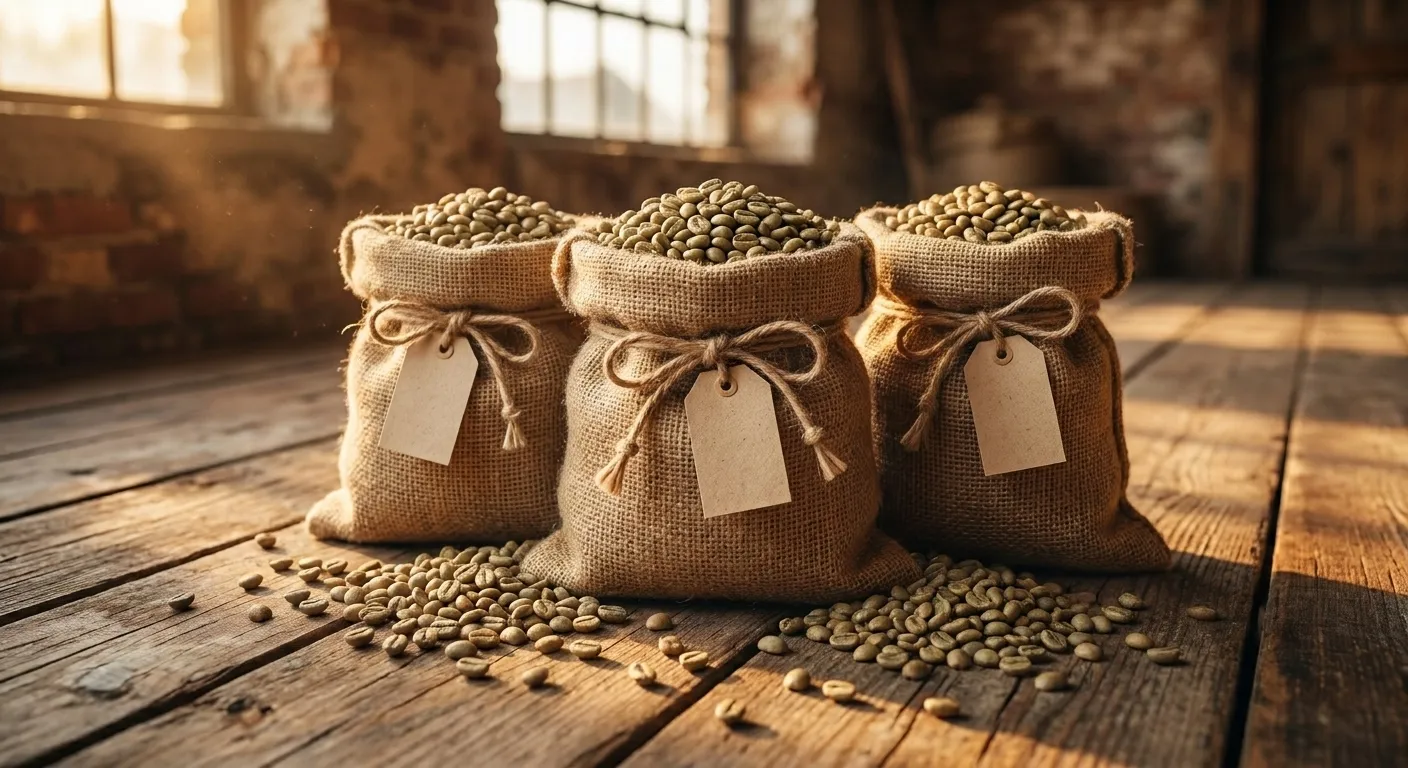 Jute sacks and sample bags of green coffee beans from multiple origins