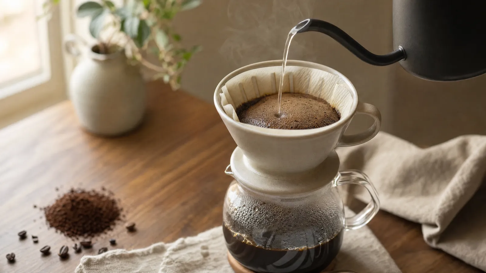 A gooseneck kettle pouring a thin stream of water over a blooming bed of ground coffee in a ceramic pour-over cone