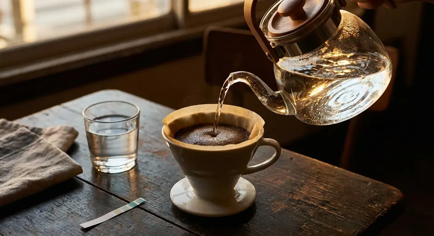 Water being poured from a gooseneck kettle into a pour over coffee dripper
